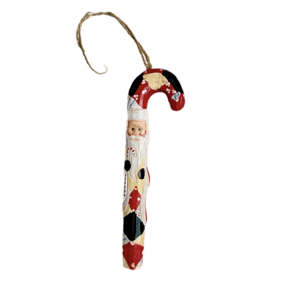 Vintage Carved Wooden Candy Cane Santa Christmas Ornament Holiday Collectible‎